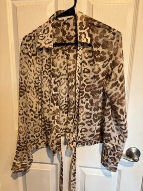 Olivaceous Brown and Beige Leopard-Print Tie-Front Top